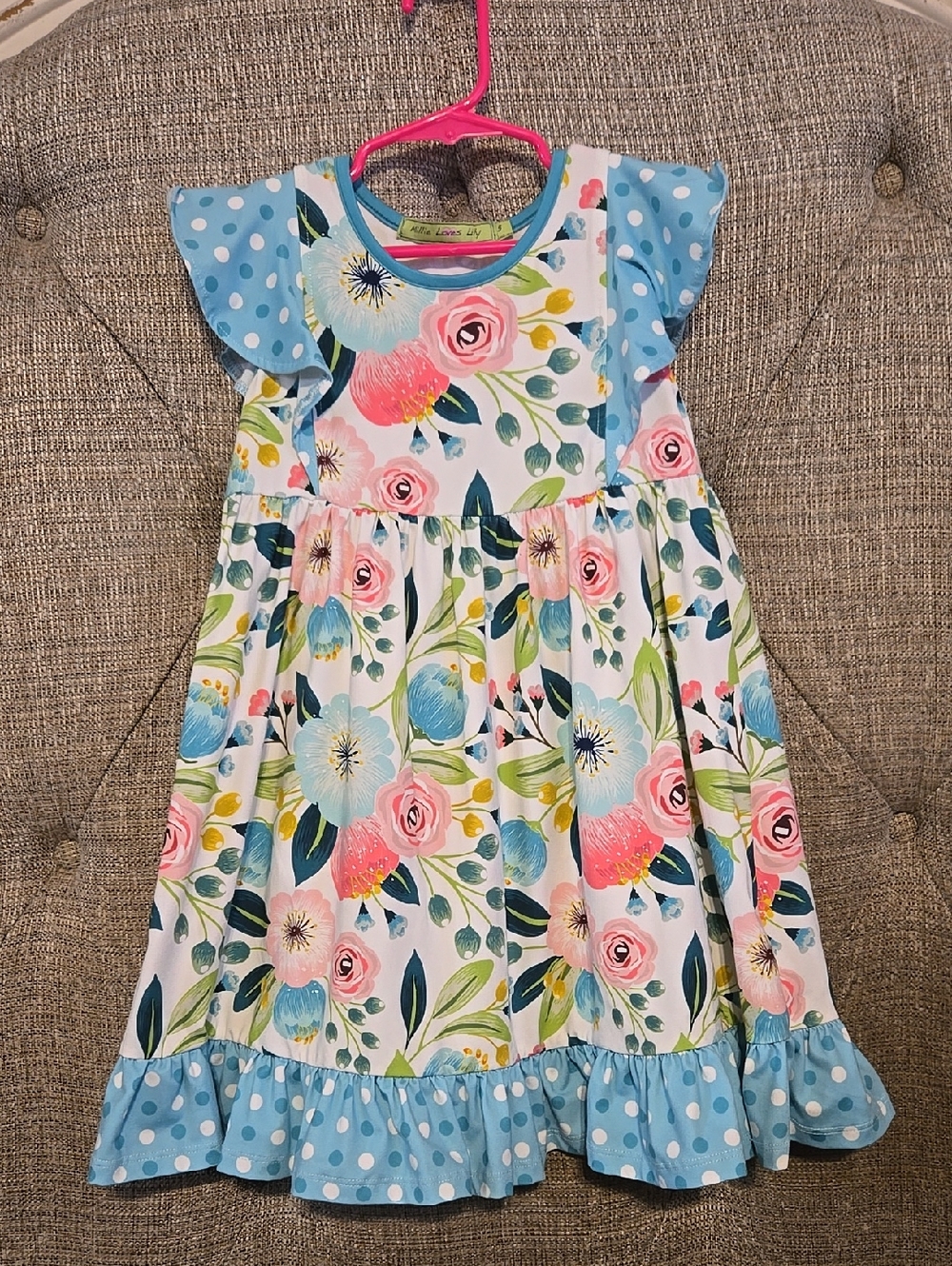 Millie Loves Lily Size 5  Floral Dress with Blue Polka Dot Trim